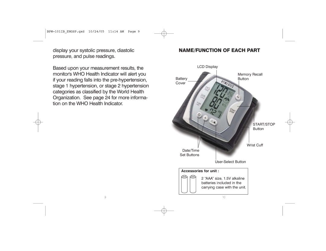 HoMedics BPW-101 manual NAME/FUNCTION of Each Part, Accessories for unit 