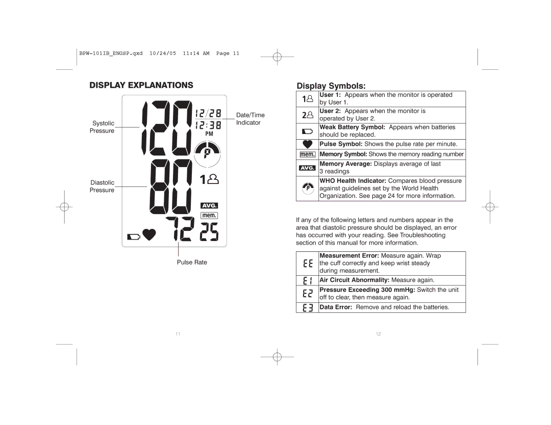 HoMedics BPW-101 manual Display Explanations, Display Symbols 