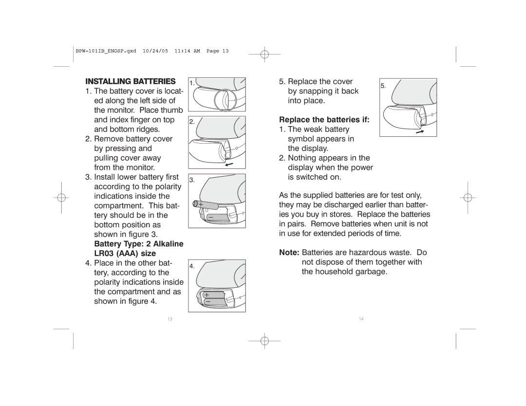 HoMedics BPW-101 manual Installing Batteries, Battery Type 2 Alkaline LR03 AAA size 