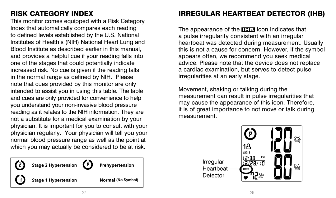 HoMedics BPW-201 manual Risk Category Index, Irregular Heartbeat Detector IHB 