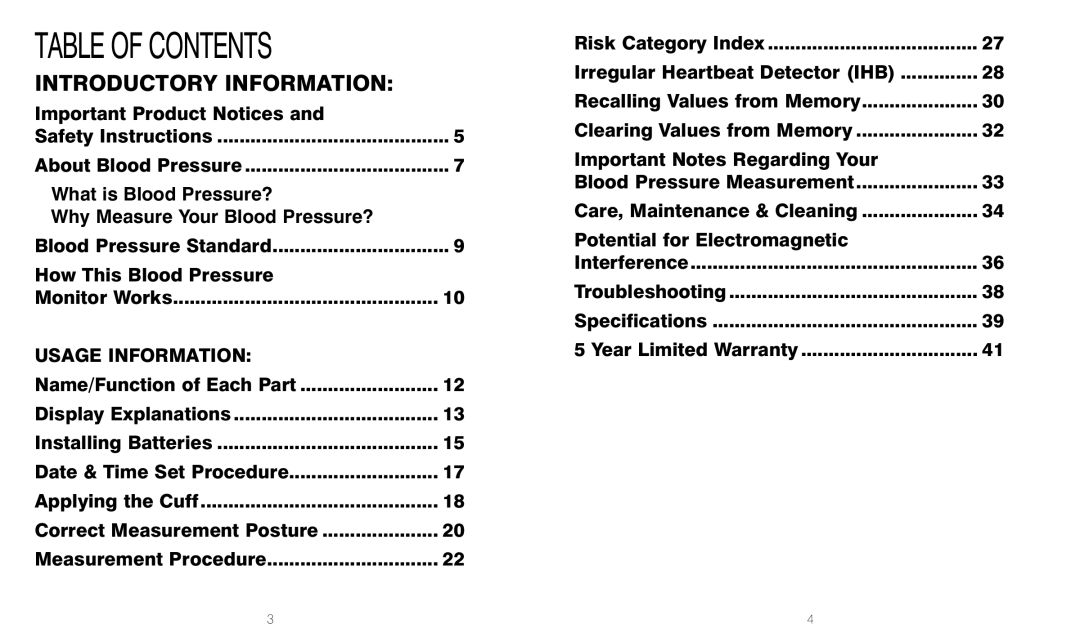 HoMedics BPW-201 manual Table of Contents 