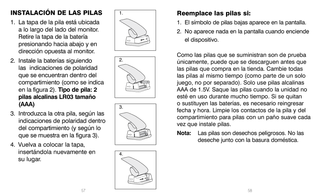 HoMedics BPW-201 manual Instalación DE LAS Pilas, Reemplace las pilas si 