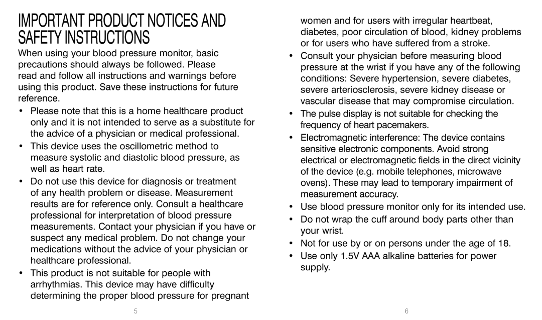 HoMedics BPW-201 manual Important Product Notices and Safety Instructions 