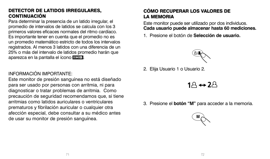 HoMedics BPW-201 manual Detector DE Latidos IRREGULARES, Continuación, Cada usuario puede almacenar hasta 60 mediciones 