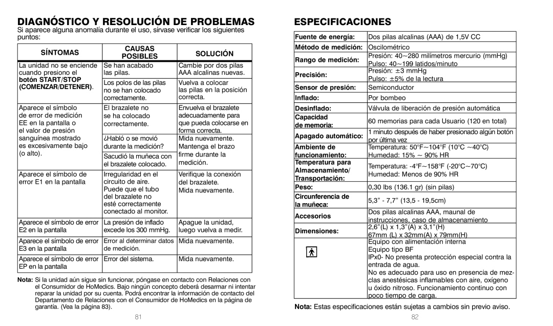 HoMedics BPW-201 manual Diagnóstico Y Resolución DE Problemas 