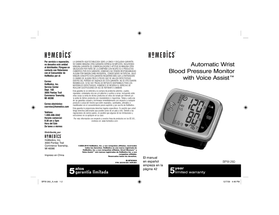 HoMedics Automatic Wrist Blood Pressure Monitor with Voice Assist, BPW-260 manual 