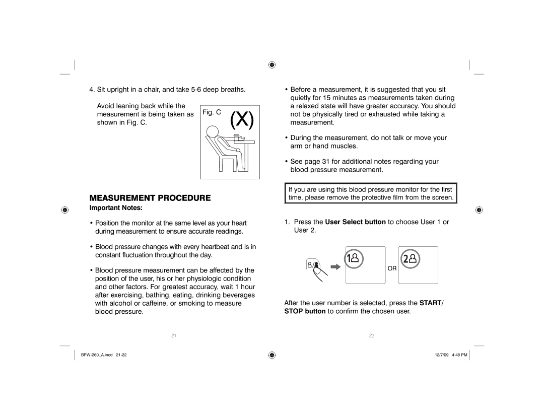 HoMedics BPW-260, Automatic Wrist Blood Pressure Monitor with Voice Assist manual Measurement Procedure, Important Notes 