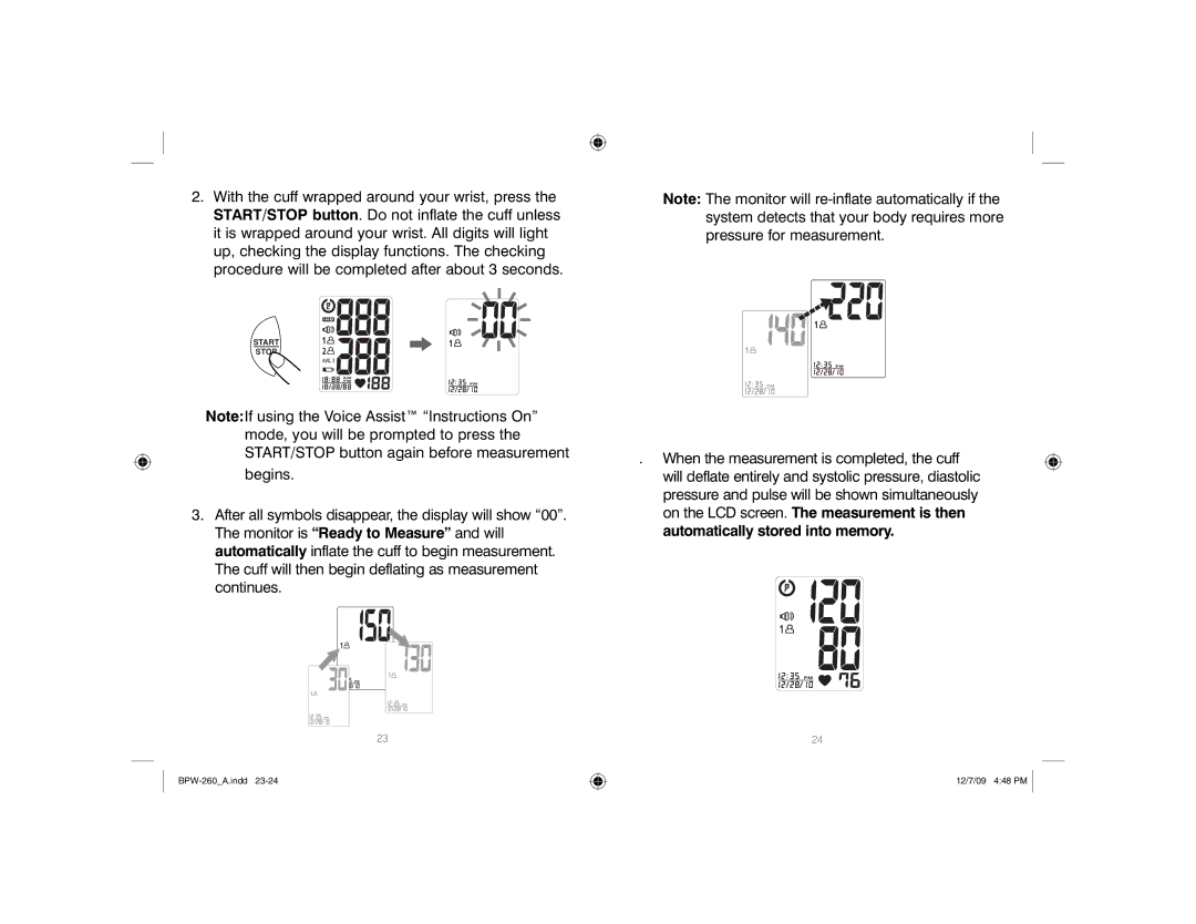 HoMedics Automatic Wrist Blood Pressure Monitor with Voice Assist, BPW-260 manual Start Stop 