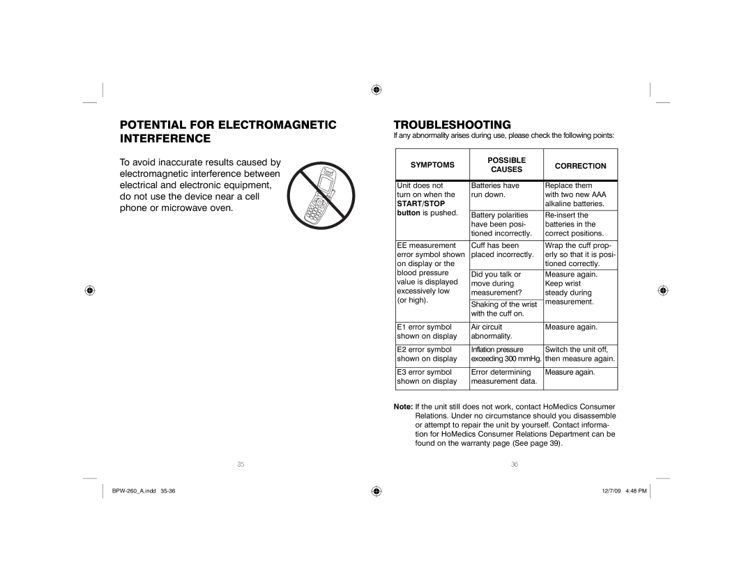 HoMedics Automatic Wrist Blood Pressure Monitor with Voice Assist, BPW-260 manual Potential for Electromagnetic Interference 