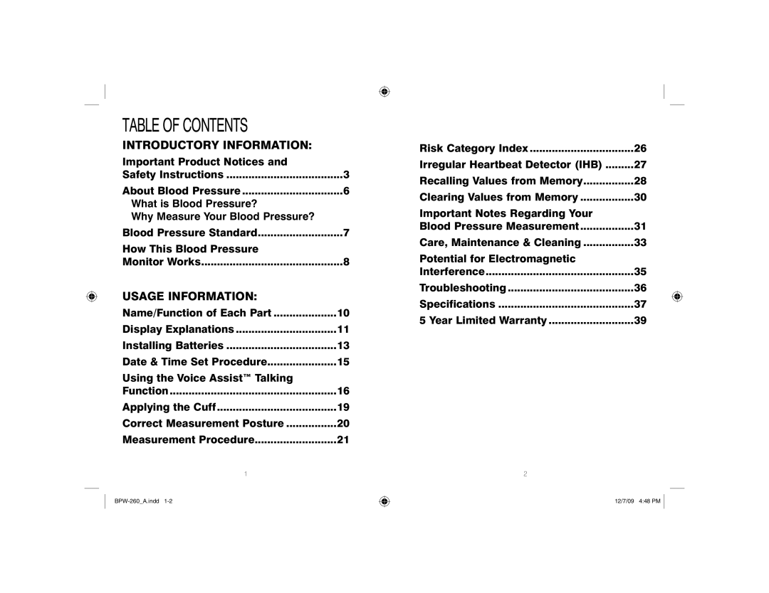 HoMedics BPW-260, Automatic Wrist Blood Pressure Monitor with Voice Assist manual Table of Contents 