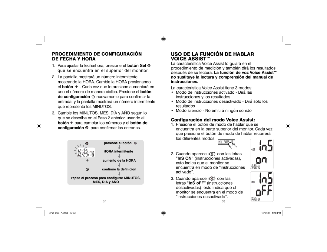 HoMedics BPW-260 manual USO DE LA Función DE Hablar Voice Assist, Procedimiento DE Configuración DE Fecha Y Hora 