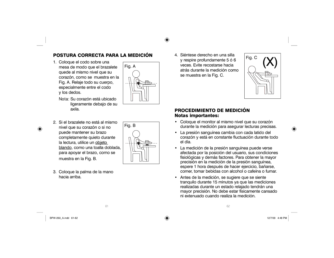 HoMedics BPW-260 manual Postura Correcta Para LA Medición, Procedimiento DE Medición 