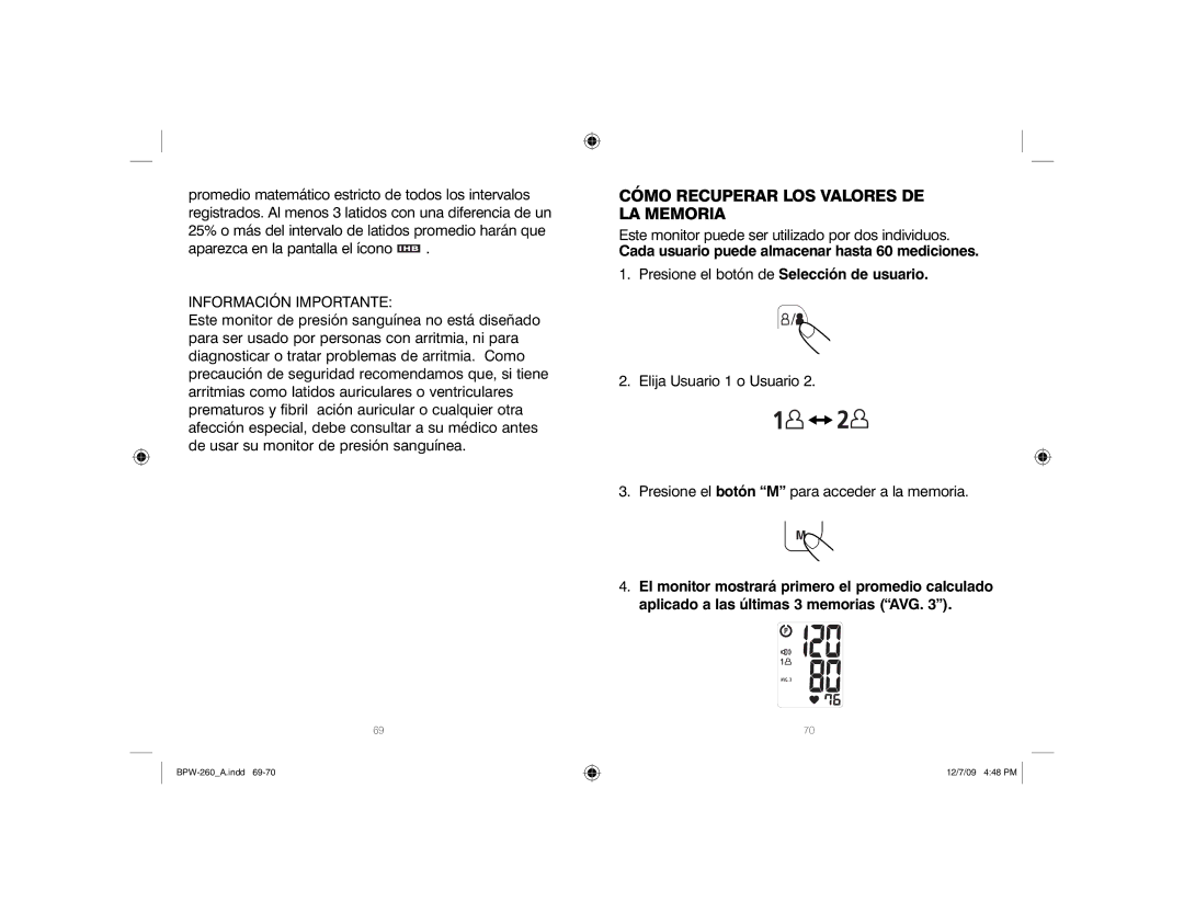 HoMedics BPW-260 manual Cómo Recuperar LOS Valores DE LA Memoria, Información Importante 