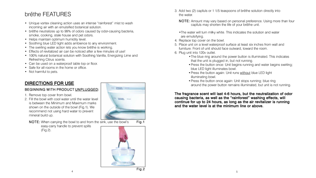 HoMedics BRT-150 instruction manual Bre¯the Features, Directions for USE, Beginning with Product Unplugged 