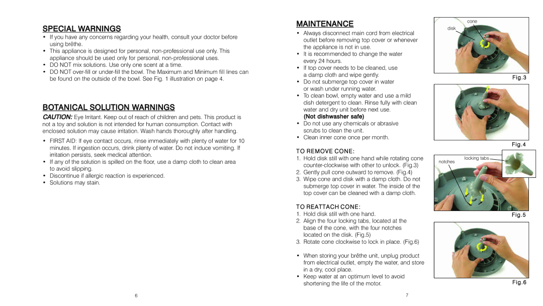 HoMedics BRT-150 instruction manual Special Warnings, Botanical Solution Warnings, Maintenance, Remove Cone, Reattach Cone 