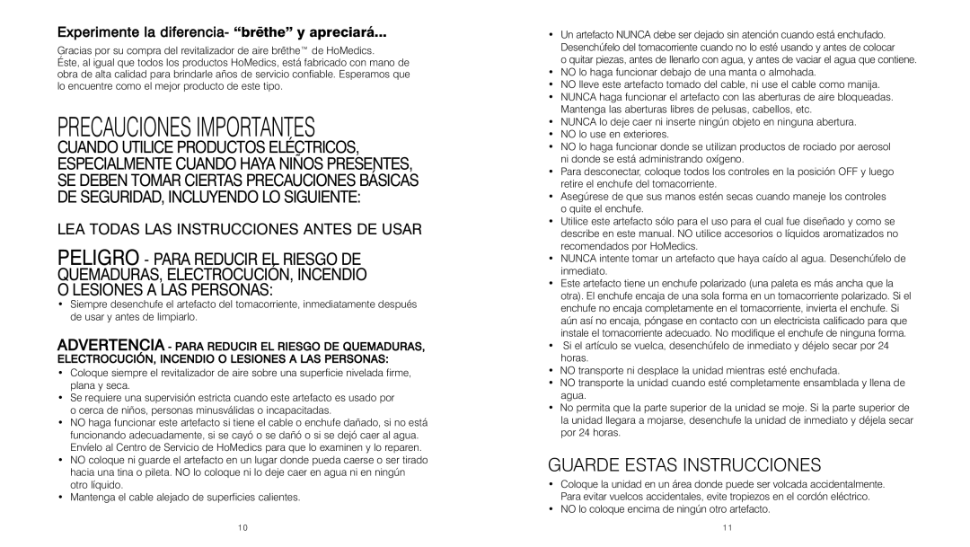 HoMedics BRT-150 instruction manual Precauciones Importantes, Experimente la diferencia- bre¯the y apreciará 