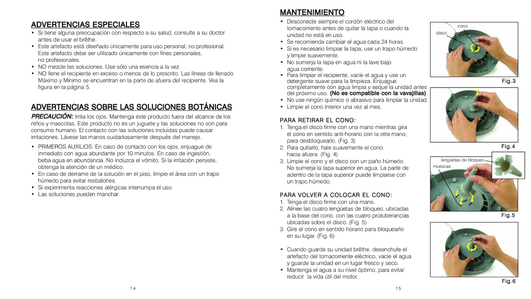 HoMedics BRT-150 Advertencias Especiales, Advertencias Sobre LAS Soluciones Botánicas, Mantenimiento, Para Retirar EL Cono 