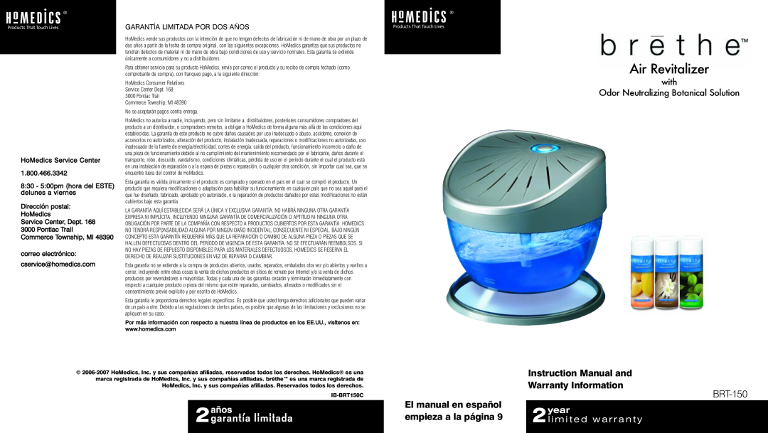 HoMedics BRT-150 instruction manual Air Revitalizer, with Odor Neutralizing Botanical Solution, Warranty Information, year 