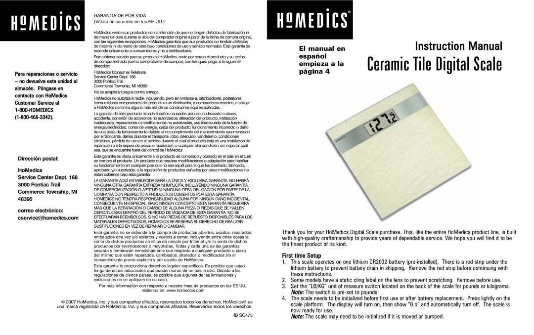 HoMedics Ceramic Tile Digital Scale manual El manual en, español, página, empieza a la, Para reparaciones o servicio 