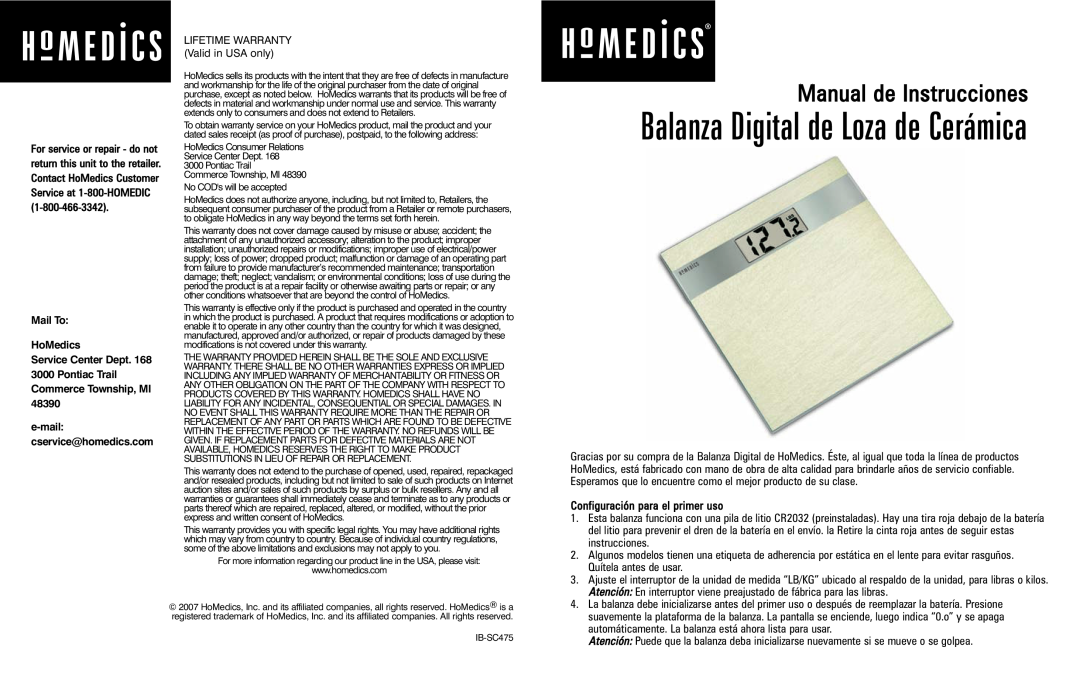 HoMedics Ceramic Tile Digital Scale manual Manual de Instrucciones, Balanza Digital de Loza de Cerámica 