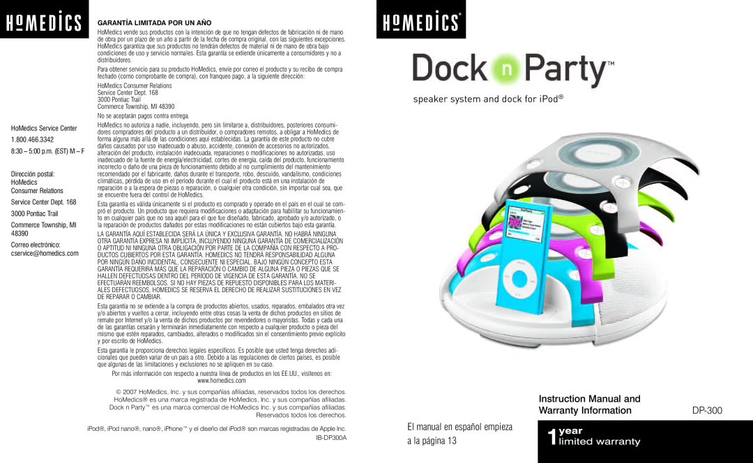 HoMedics DP-300 instruction manual speaker system and dock for iPod, Warranty Information, 1.800.466.3342 
