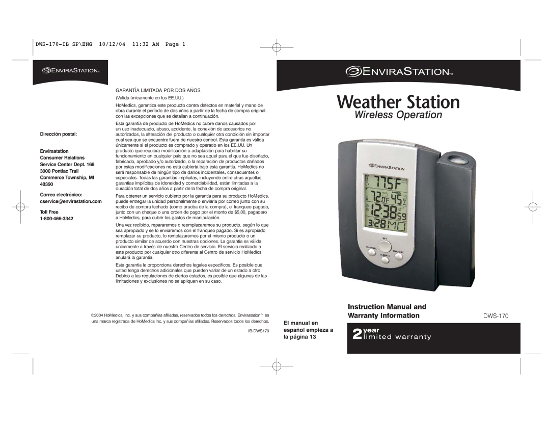 HoMedics DWS-170 instruction manual Warranty Information, El manual en español empieza a la página, Toll Free 