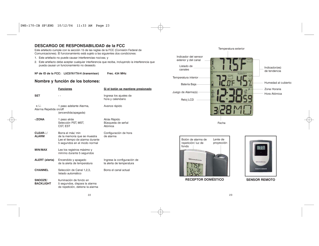 HoMedics DWS-170 Descargo DE Responsabilidad de la FCC, Nombre y función de los botones, Funciones, Alert alerta 