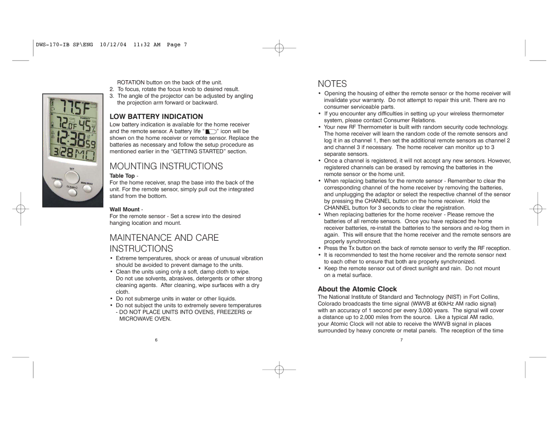 HoMedics DWS-170 Mounting Instructions, Maintenance and Care Instructions, LOW Battery Indication, About the Atomic Clock 