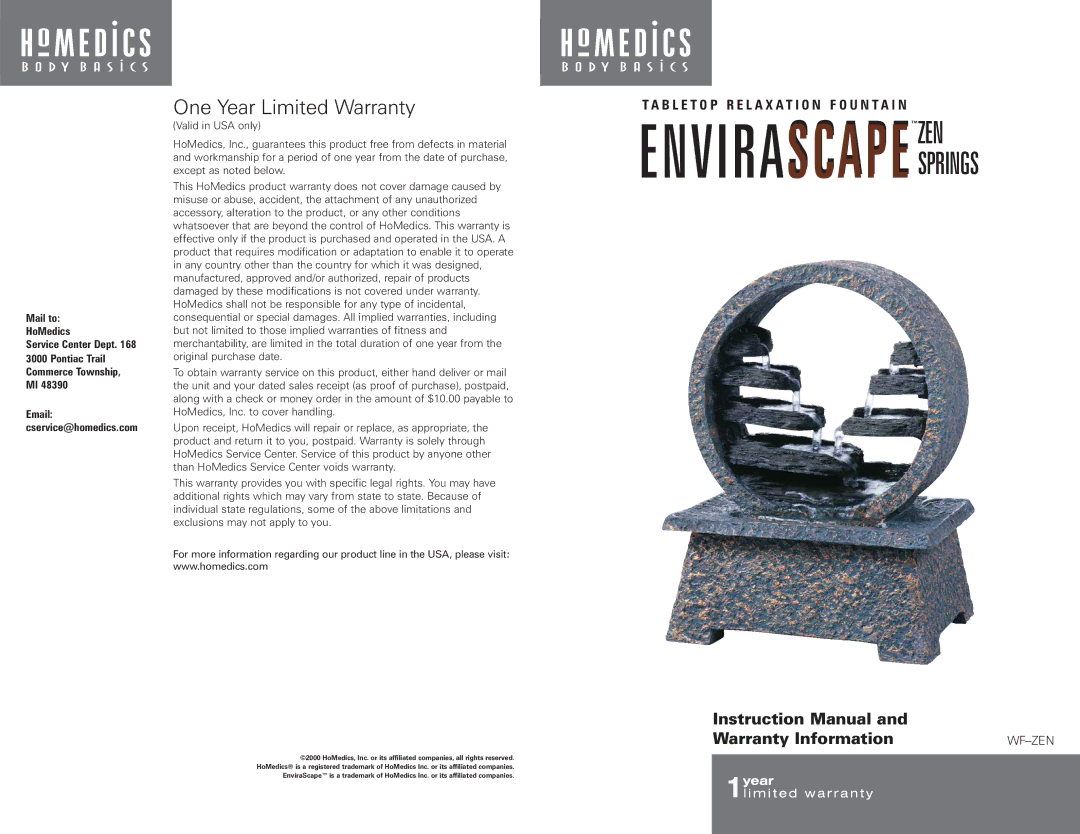 HoMedics Envira Scape instruction manual One Year Limited Warranty, Warranty Information 