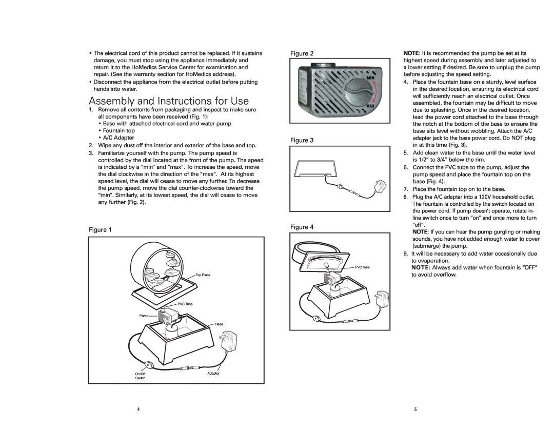 HoMedics Envira Scape instruction manual Assembly and Instructions for Use, Figure Figure Figure 