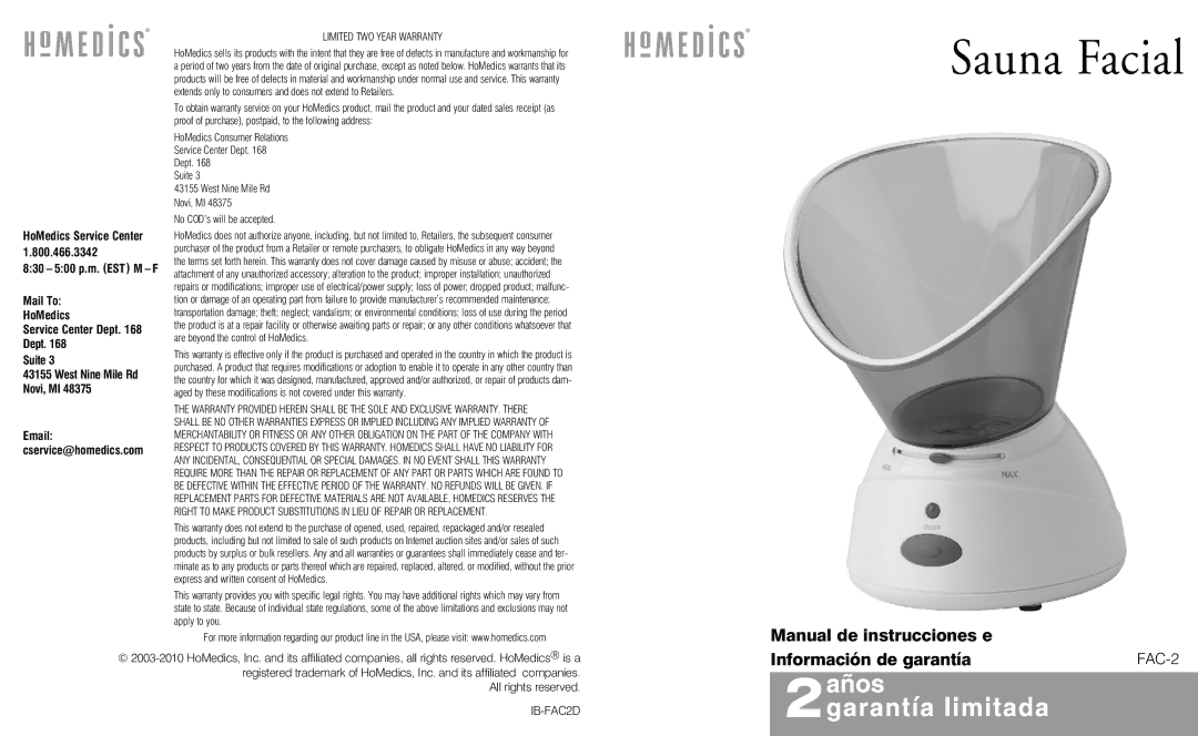 HoMedics FAC-2 instruction manual Sauna Facial 