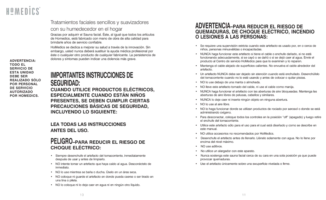 HoMedics FAC-2 instruction manual Importantes Instrucciones DE Seguridad 