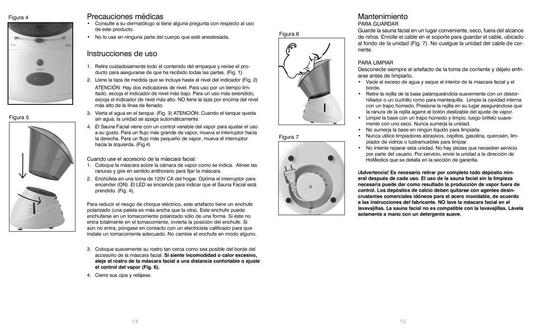 HoMedics FAC-2 instruction manual Precauciones médicas, Instrucciones de uso, Mantenimiento 