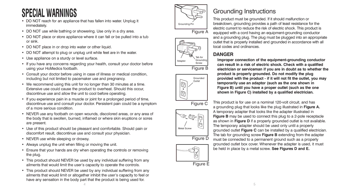 HoMedics FB-20-1 instruction manual Special Warnings, Grounding Instructions 