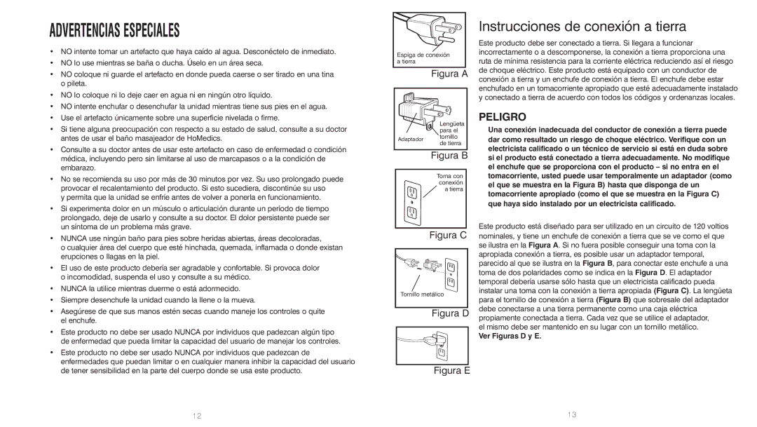 HoMedics FB-20-1 instruction manual Advertencias Especiales, Instrucciones de conexión a tierra 