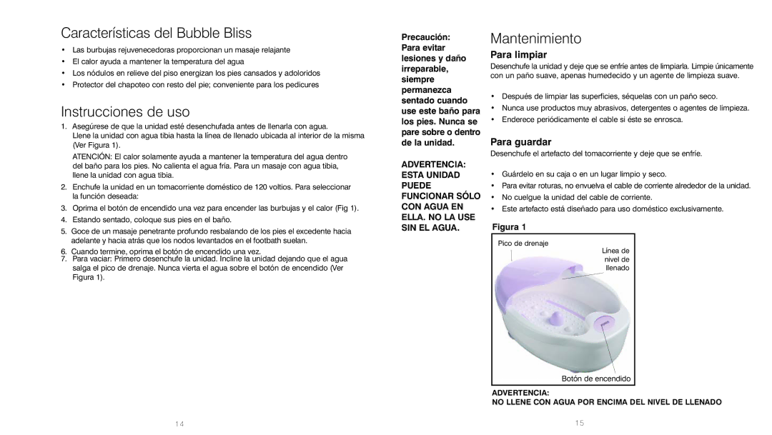 HoMedics FB-20-1 instruction manual Características del Bubble Bliss, Instrucciones de uso, Mantenimiento 