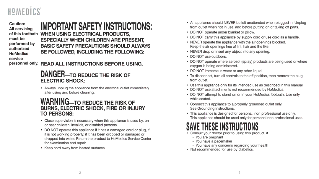 HoMedics FB-30 instruction manual Importantsafety Instructions, Read ALL Instructions Before Using 