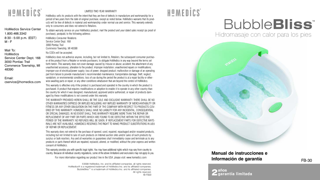 HoMedics FB-30 instruction manual Hidromasaje con calor para los pies, Manual de instrucciones e Información de garantía 