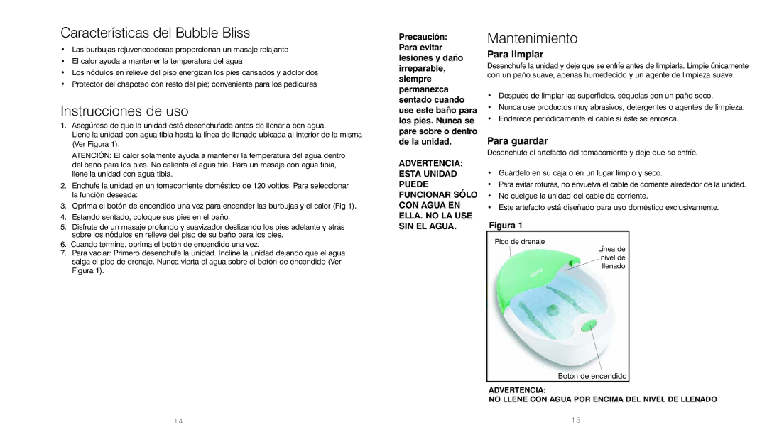 HoMedics FB-30 instruction manual Características del Bubble Bliss, Instrucciones de uso, Mantenimiento 