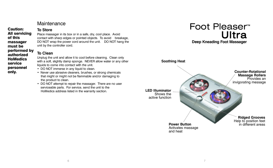 HoMedics FM-CR-2, FM-CR-1 Maintenance, To Store, To Clean, Deep Kneading Foot Massager HoMedics service personnel only 