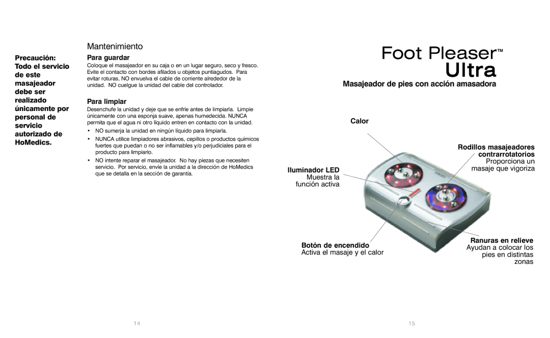 HoMedics FM-CR-1, FM-CR-2 instruction manual Mantenimiento, Masajeador de pies con acción amasadora 