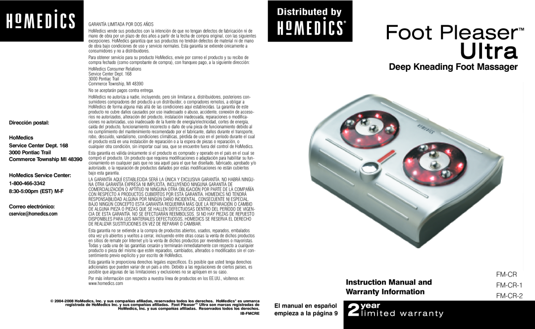 HoMedics FM-CR instruction manual Ultra, Foot PleaserTM, Distributed by, Deep Kneading Foot Massager, Warranty Information 