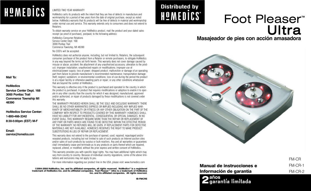 HoMedics FM-CR-1 Masajeador de pies con acción amasadora, Manual de instrucciones e, Información de garantía, Ultra, Fm-Cr 