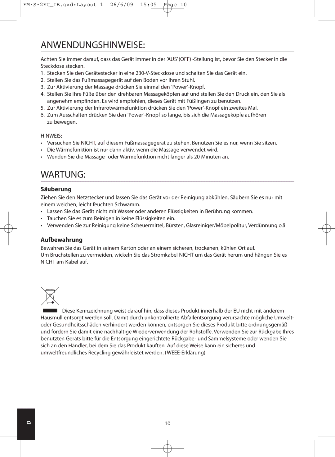 HoMedics FM-S-2EU, FM-S-3GB instruction manual Anwendungshinweise, Wartung, Säuberung, Aufbewahrung, Hinweis 