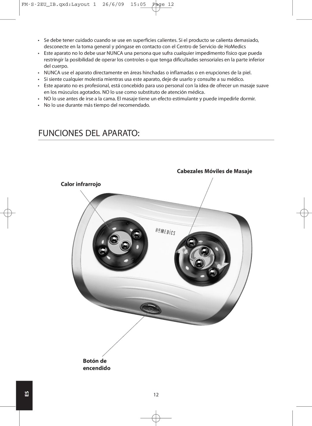 HoMedics FM-S-2EU, FM-S-3GB instruction manual Funciones DEL Aparato 