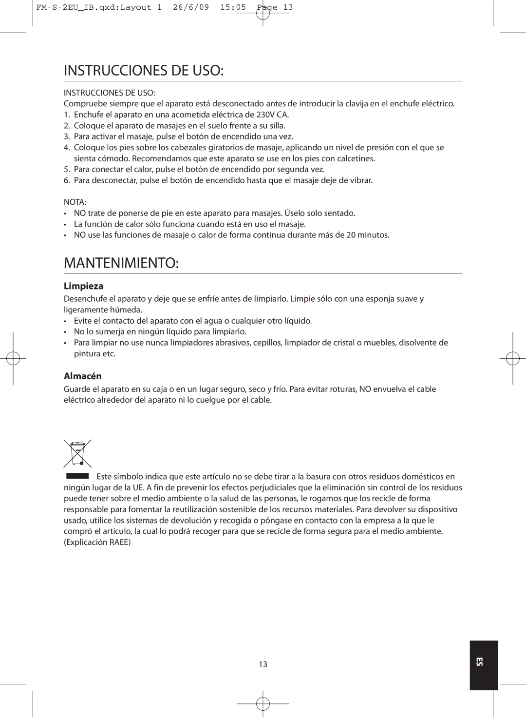 HoMedics FM-S-3GB, FM-S-2EU instruction manual Instrucciones DE USO, Mantenimiento, Limpieza, Almacén 