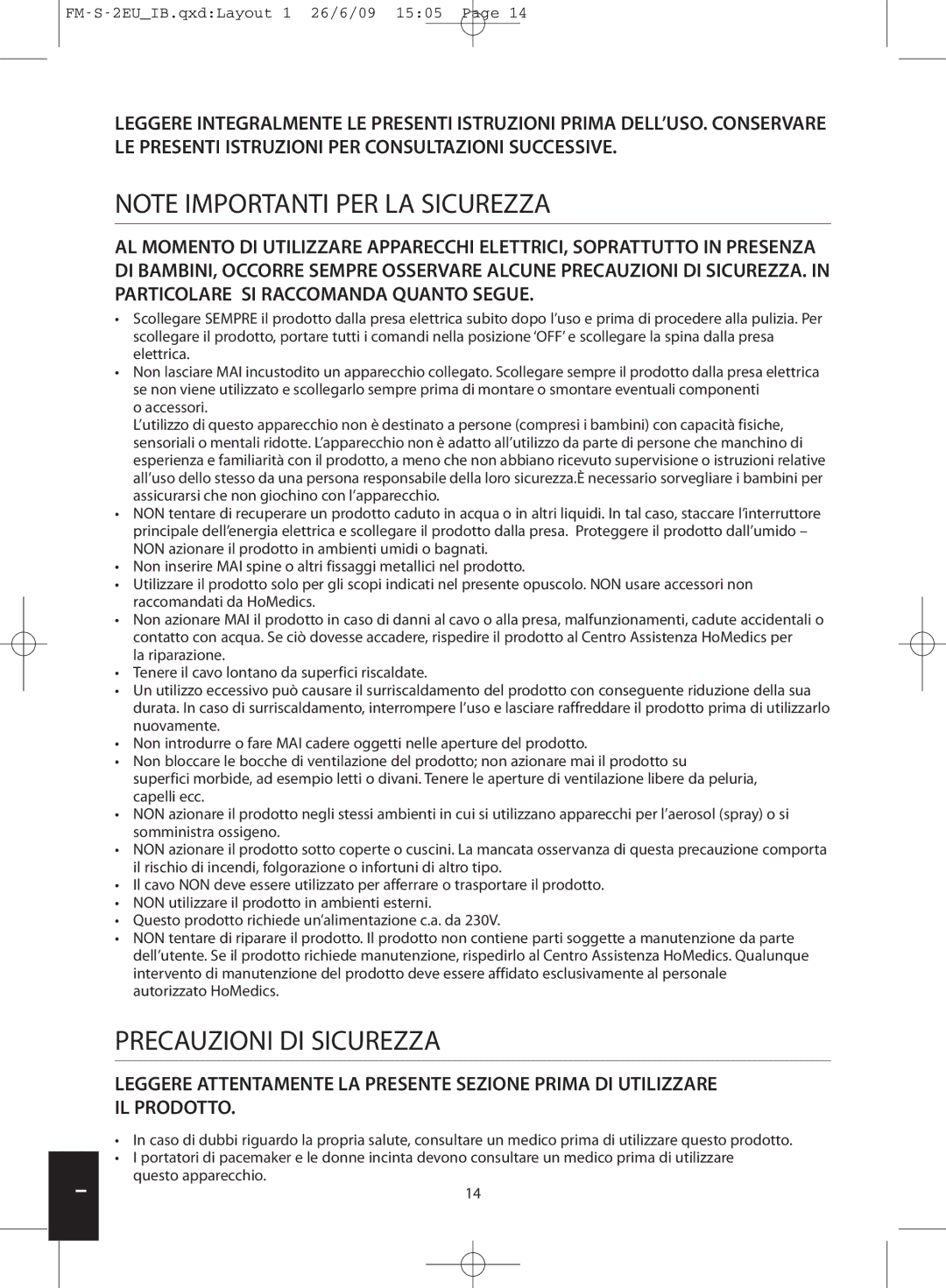 HoMedics FM-S-2EU, FM-S-3GB instruction manual Precauzioni DI Sicurezza 