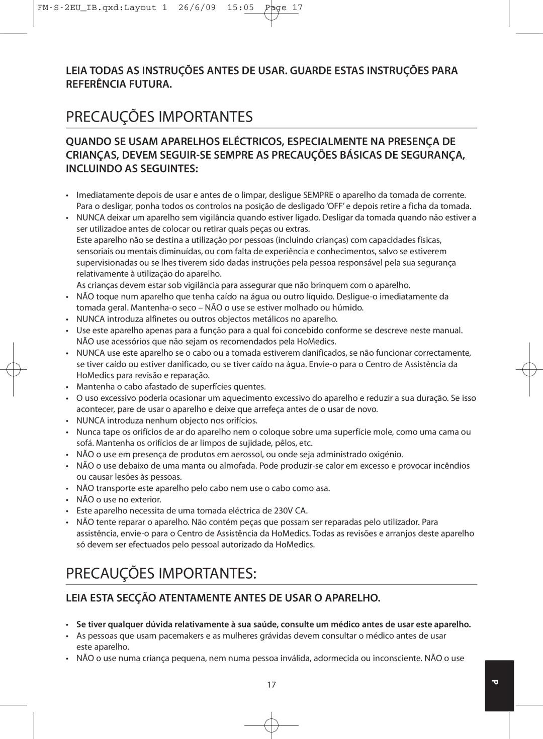 HoMedics FM-S-3GB, FM-S-2EU instruction manual Precauções Importantes, Leia Esta Secção Atentamente Antes DE Usar O Aparelho 