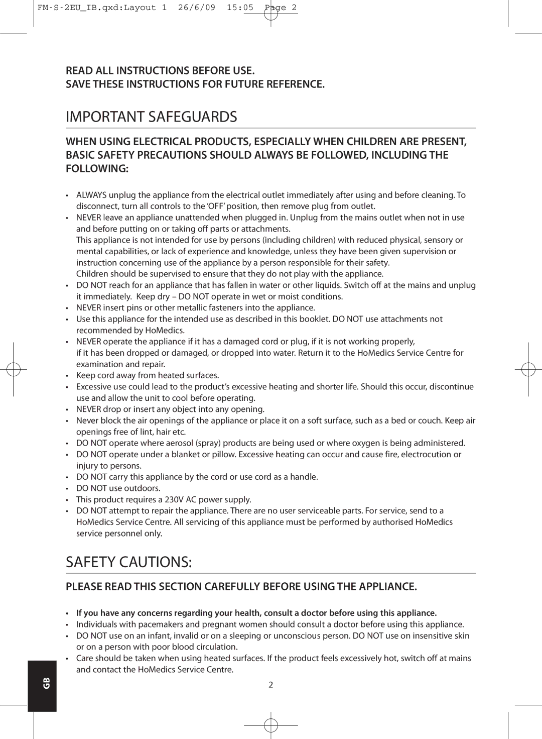 HoMedics FM-S-2EU, FM-S-3GB instruction manual Important Safeguards, Safety Cautions 