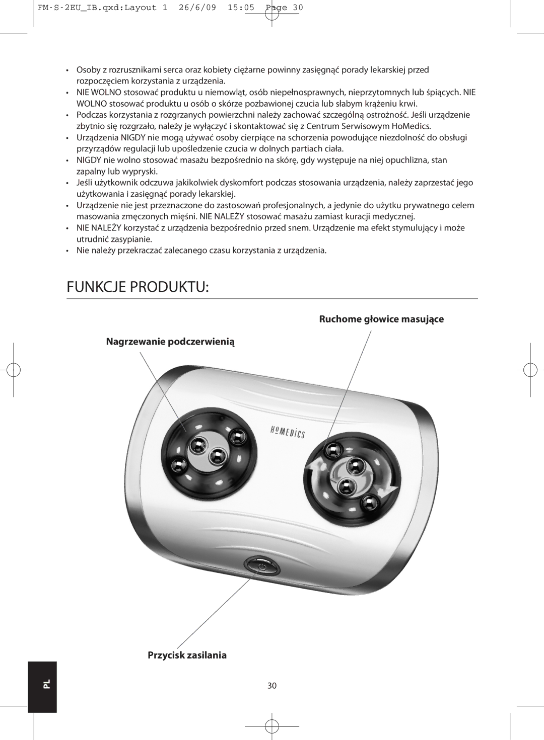 HoMedics FM-S-2EU, FM-S-3GB instruction manual Funkcje Produktu 